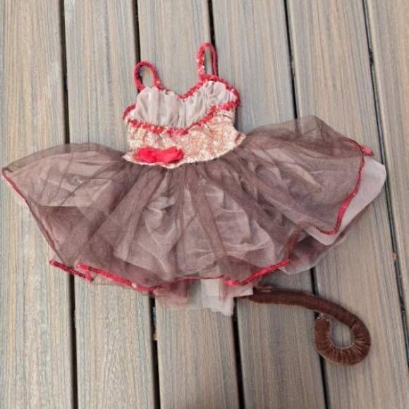 Curtain Call dance tutu dress leotard costume brown red w/ monkey tail kid sma - Picture 2 of 13